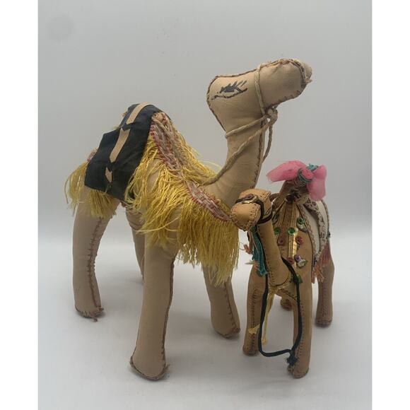Vtg Egyptian Leather Hand Stitched Camel 2 Figurines 10” And 7” - Picture 1 of 7